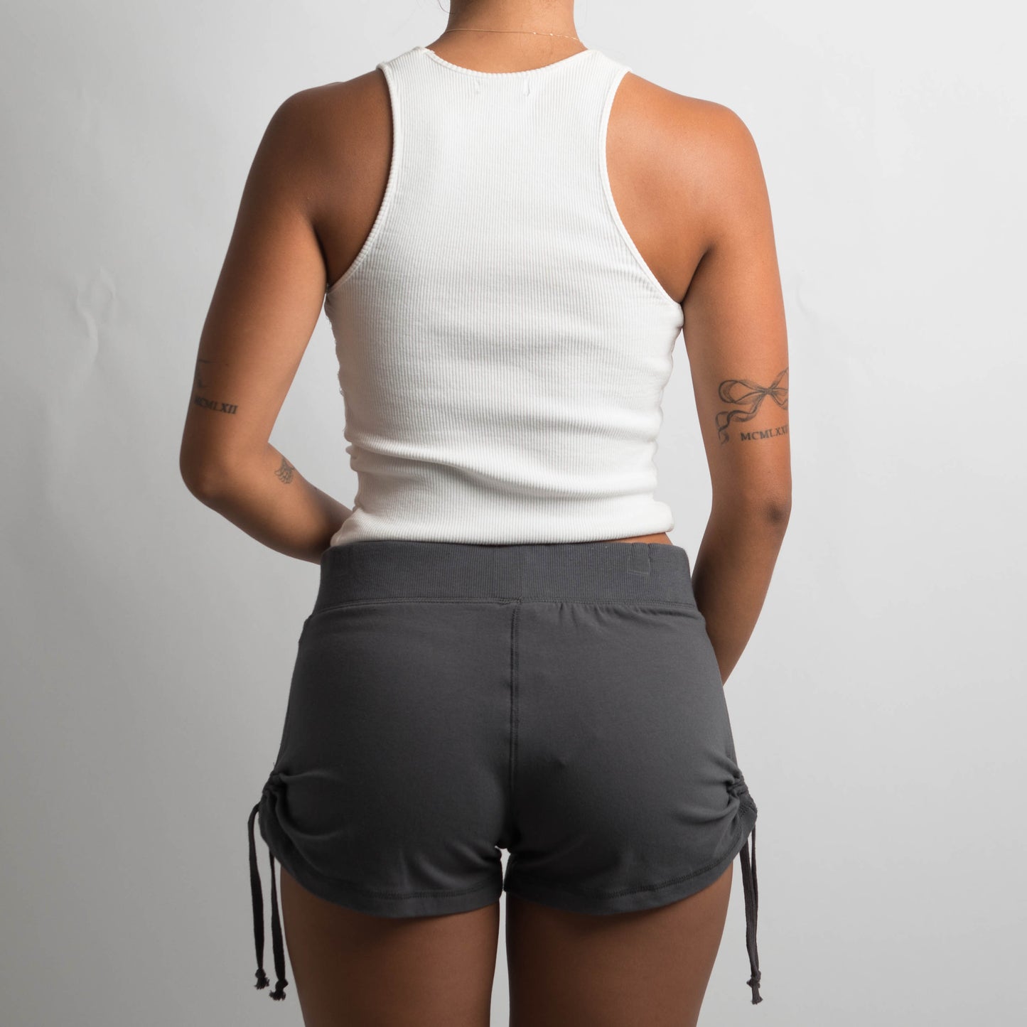 RUCHED GREY MINI SHORTS