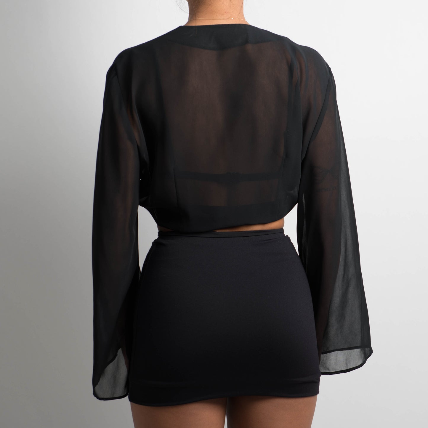 BLACK SHEER TIE FRONT LONG SLEEVE