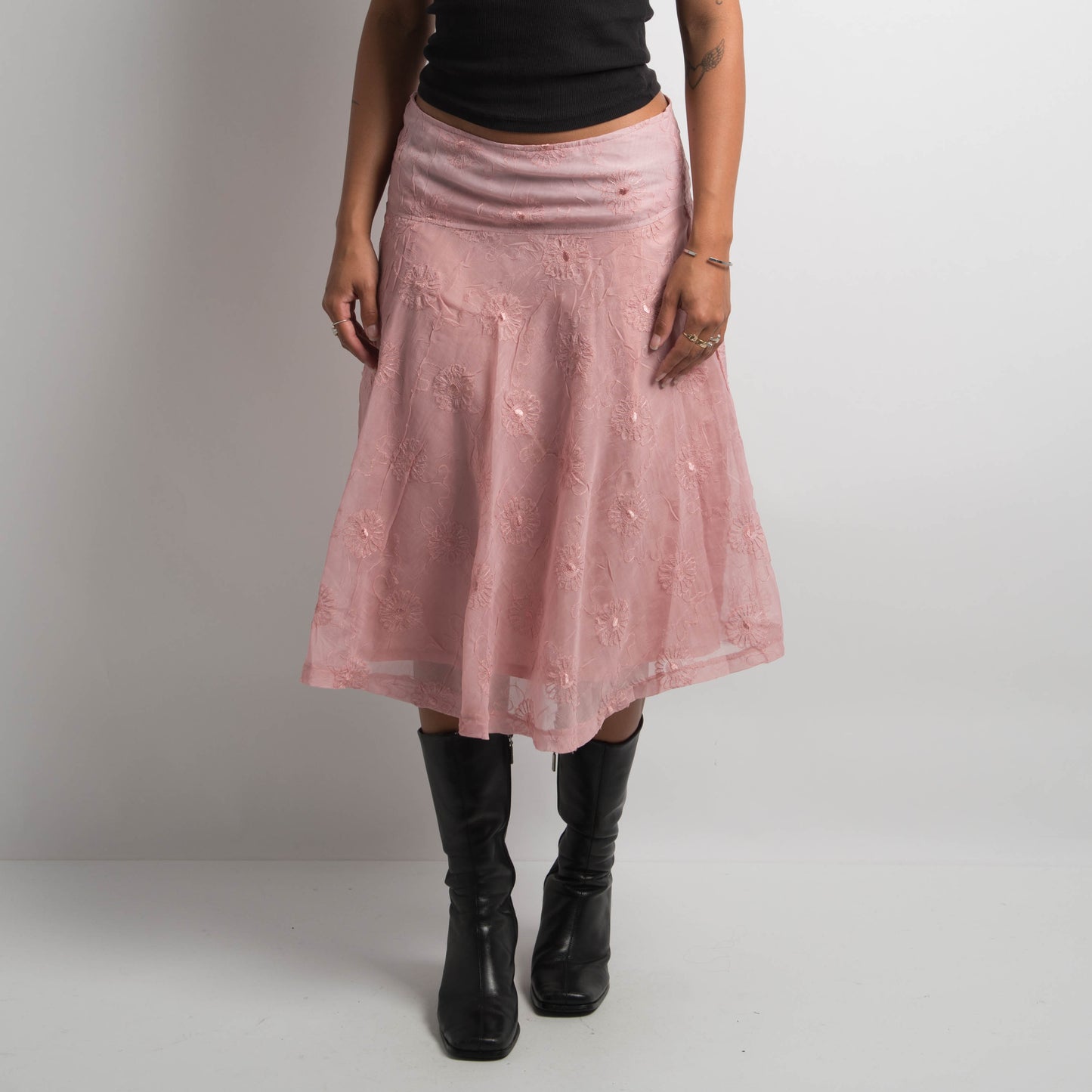 PINK EMBROIDERED MIDI SKIRT