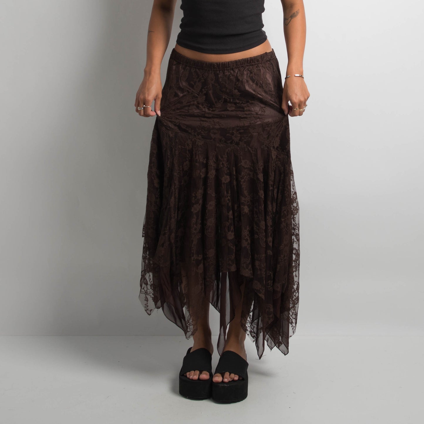 BROWN LACE ASYMMETRIC SKIRT