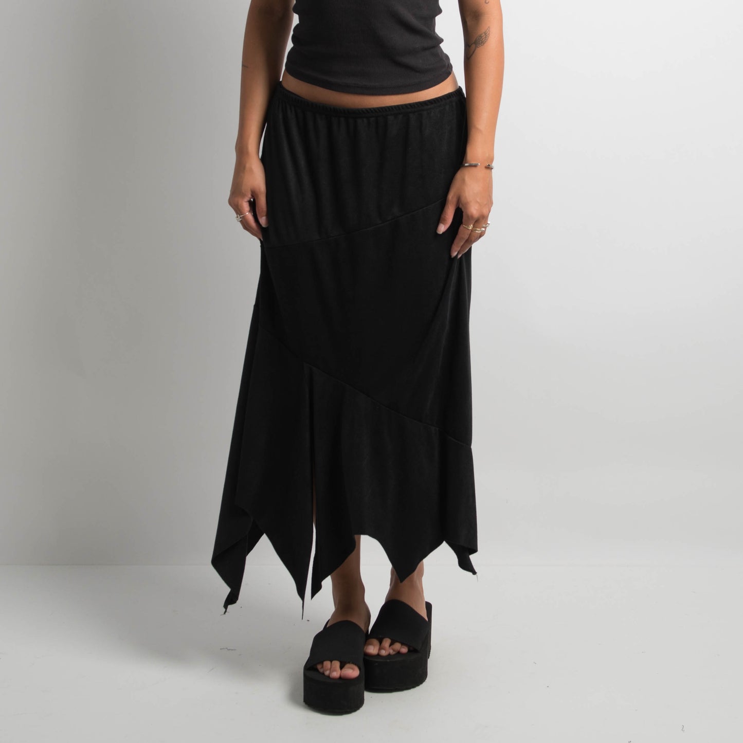 BLACK SUEDETTE ASYMMETRIC SKIRT