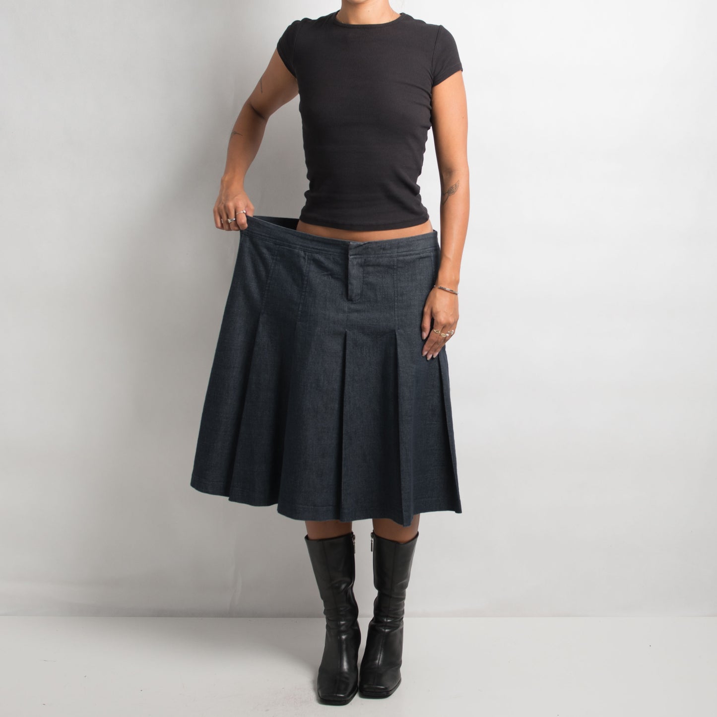 DENIM LOOK PLEATED MIDI SKIRT