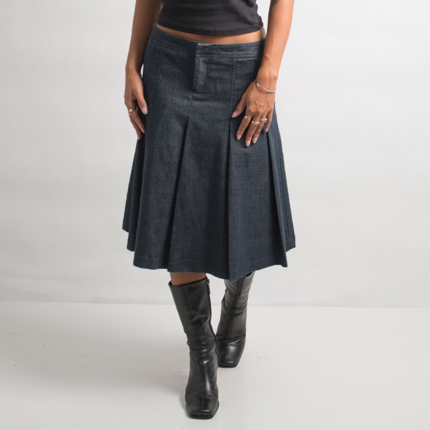 DENIM LOOK PLEATED MIDI SKIRT