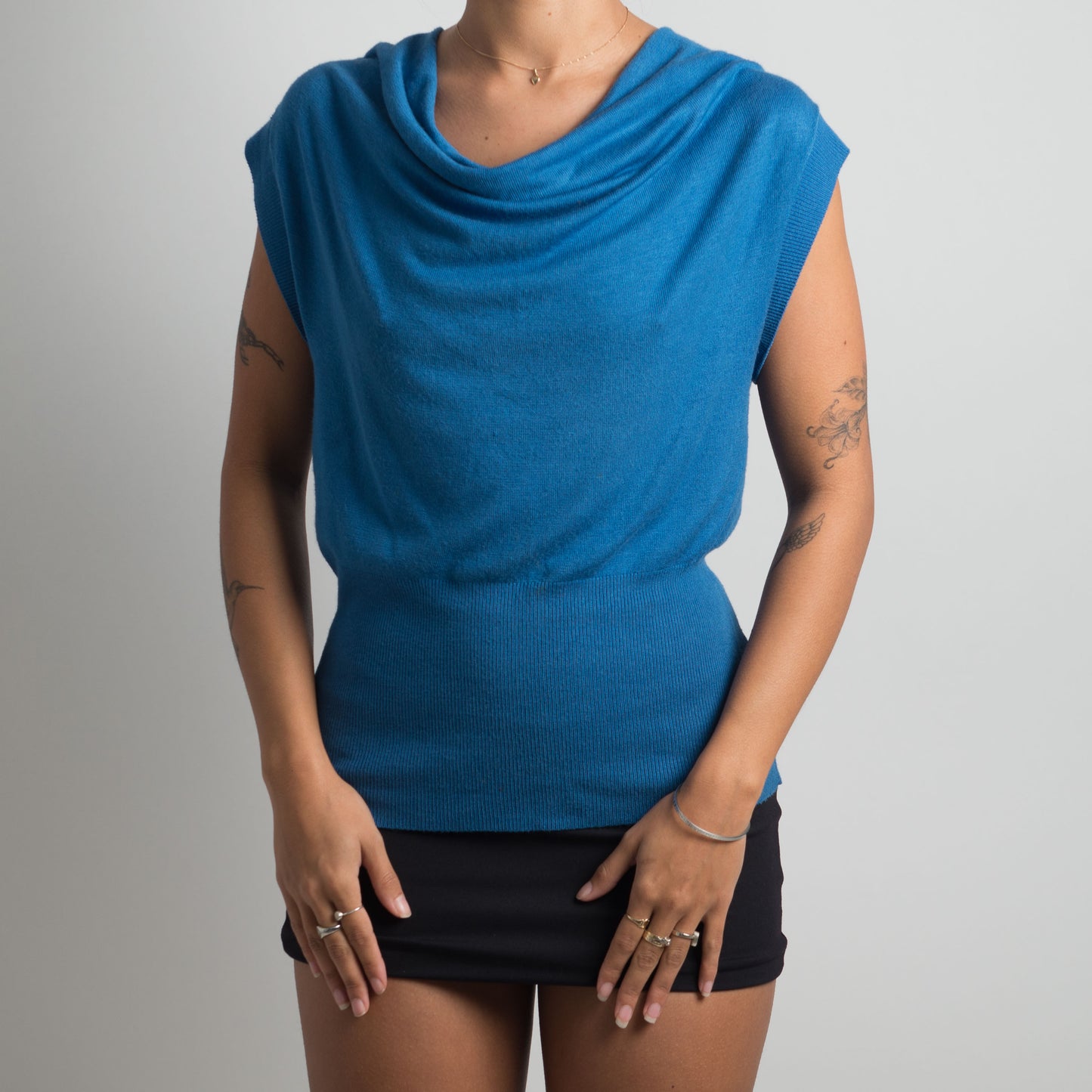 BLUE KNIT COWL NECK TOP