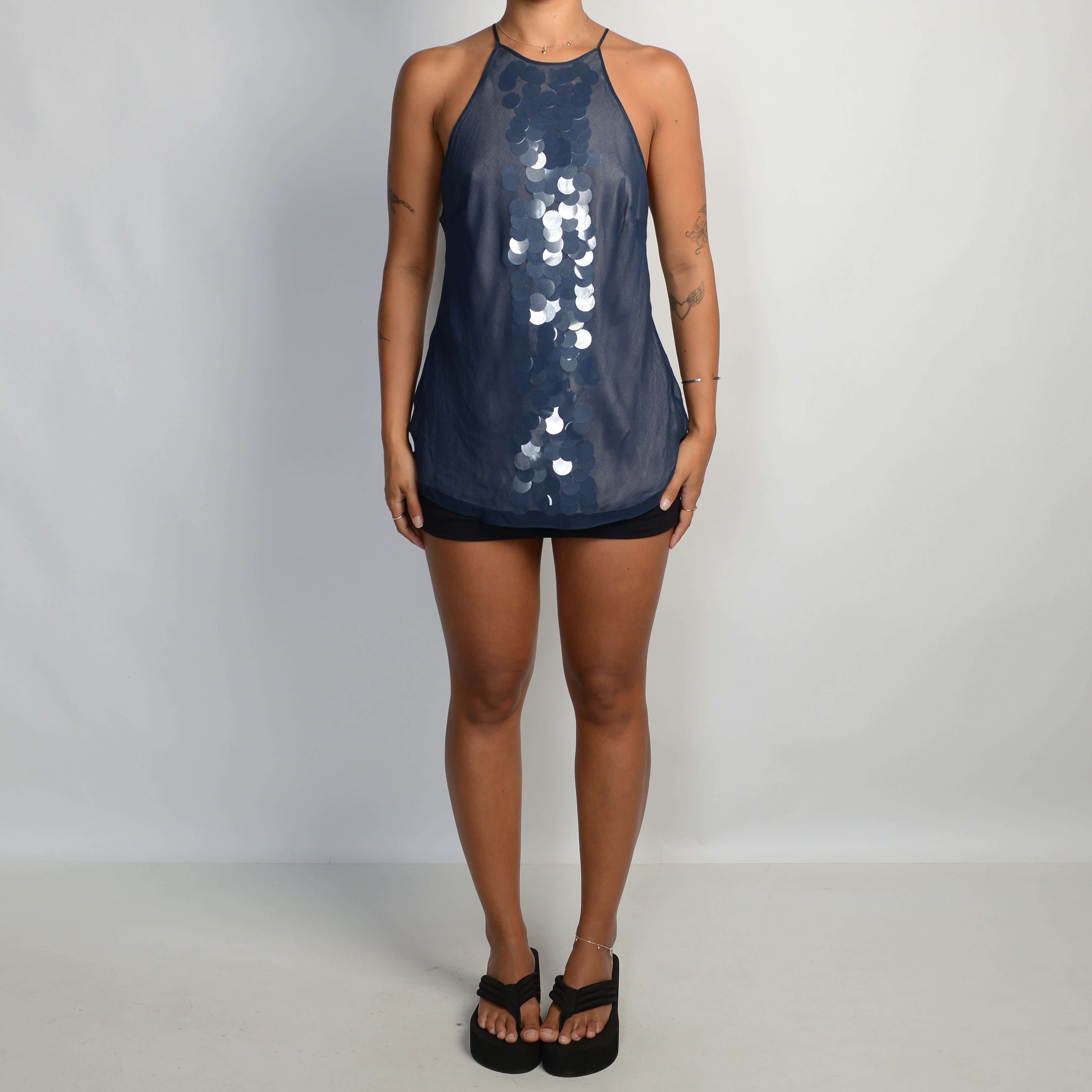 NAVY SEQUIN SILK TOP