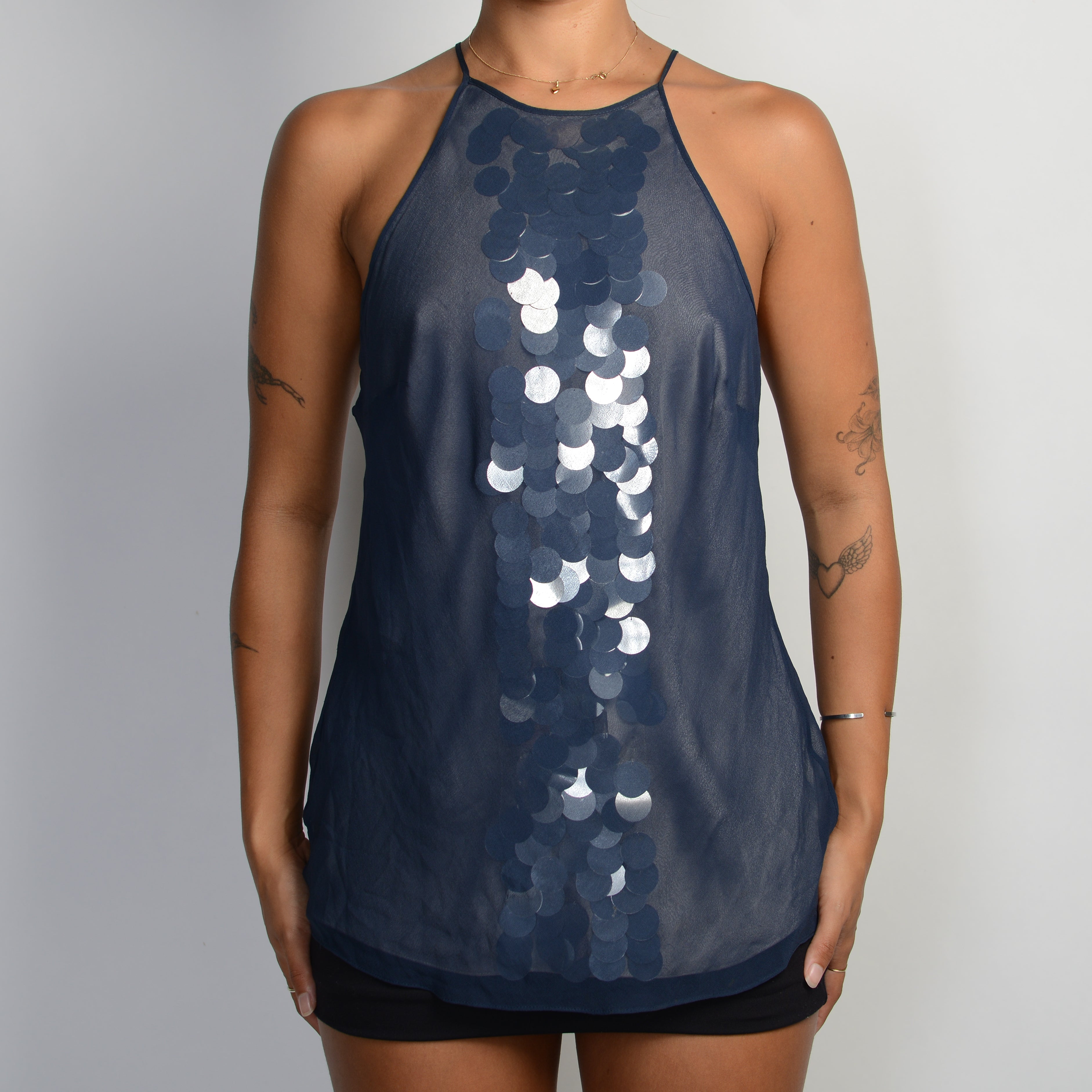 NAVY SEQUIN SILK TOP
