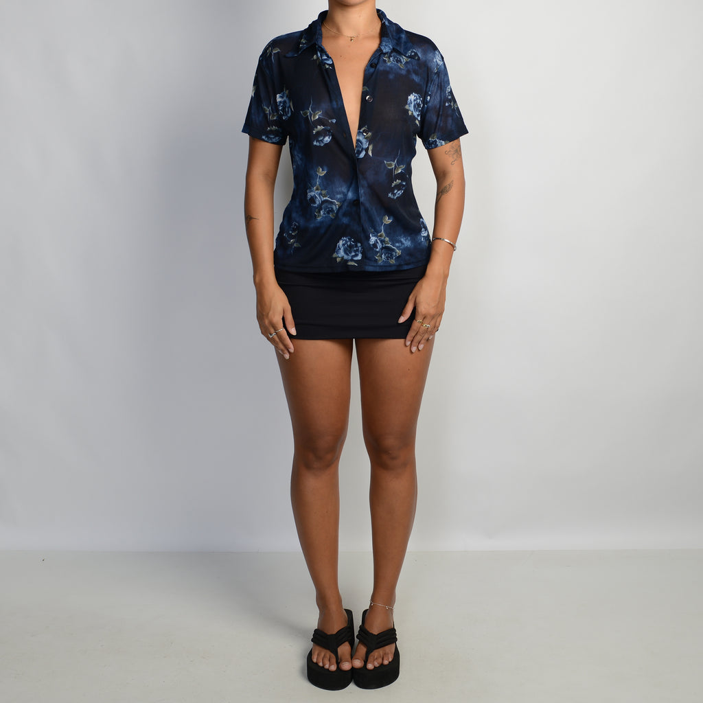 NAVY MESH FLORAL BLOUSE