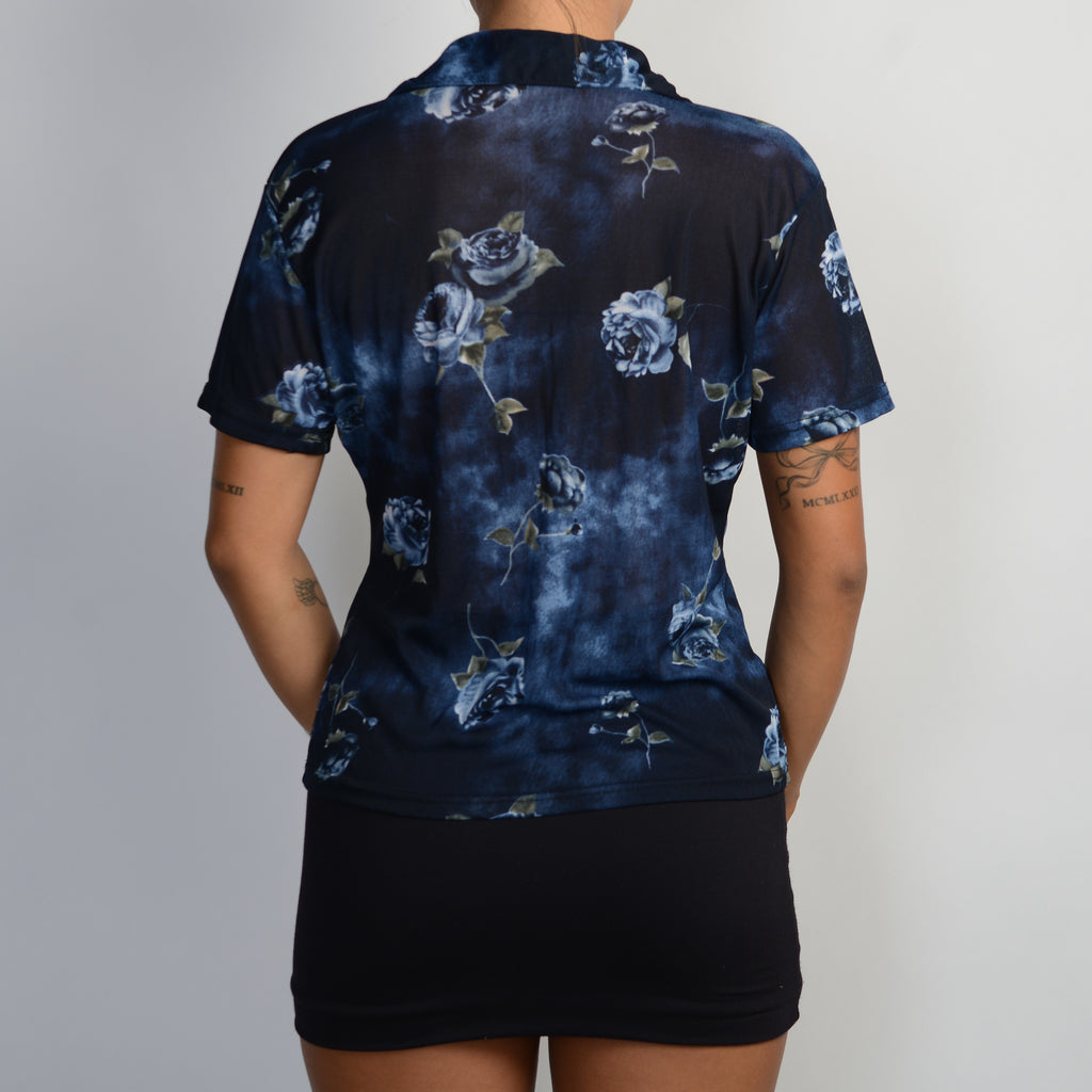 NAVY MESH FLORAL BLOUSE