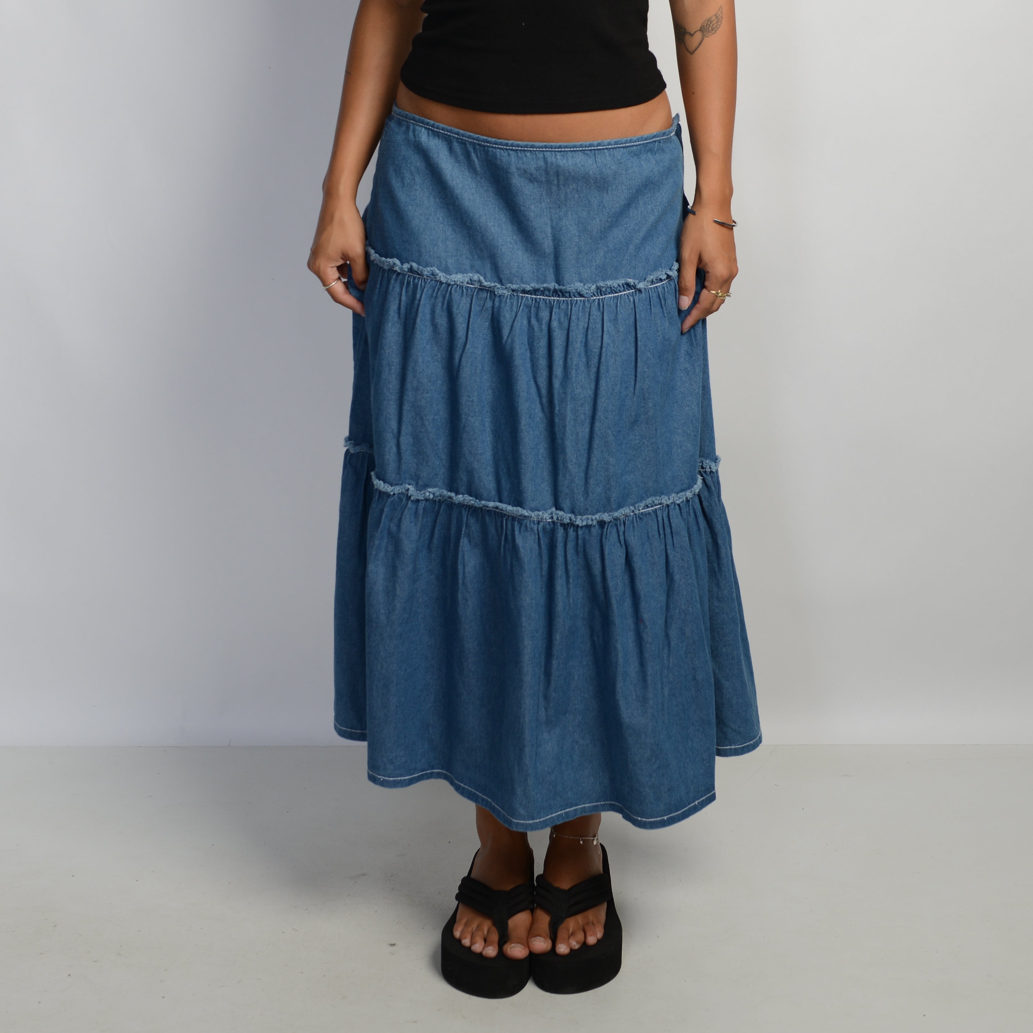 DENIM TIERED MIDI SKIRT