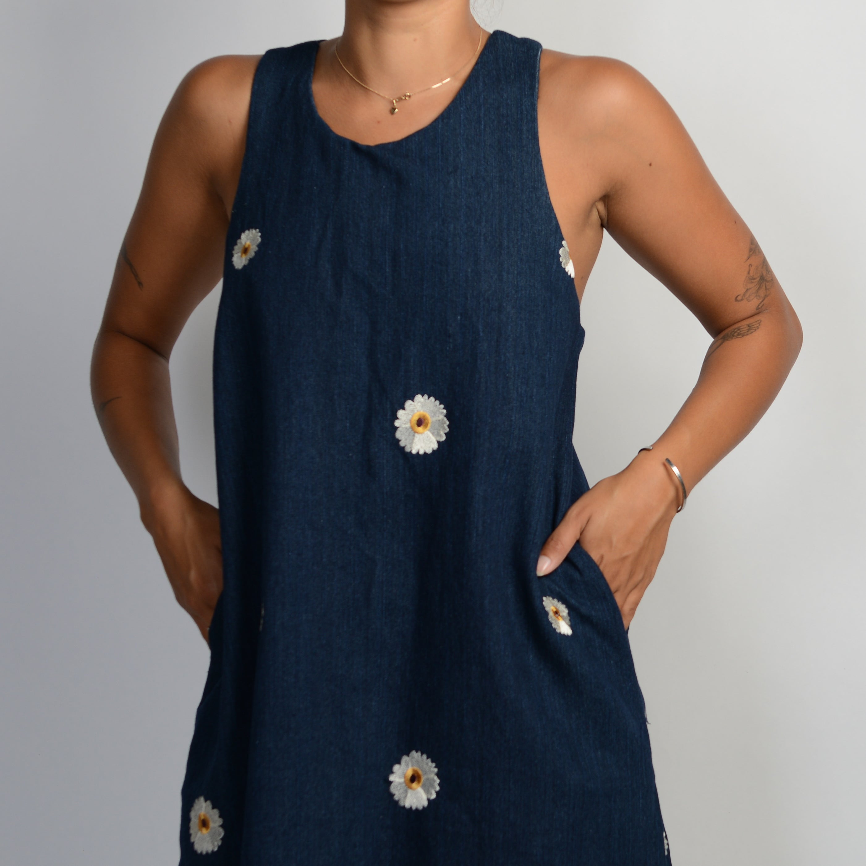 DENIM FLORAL MIDI DRESS