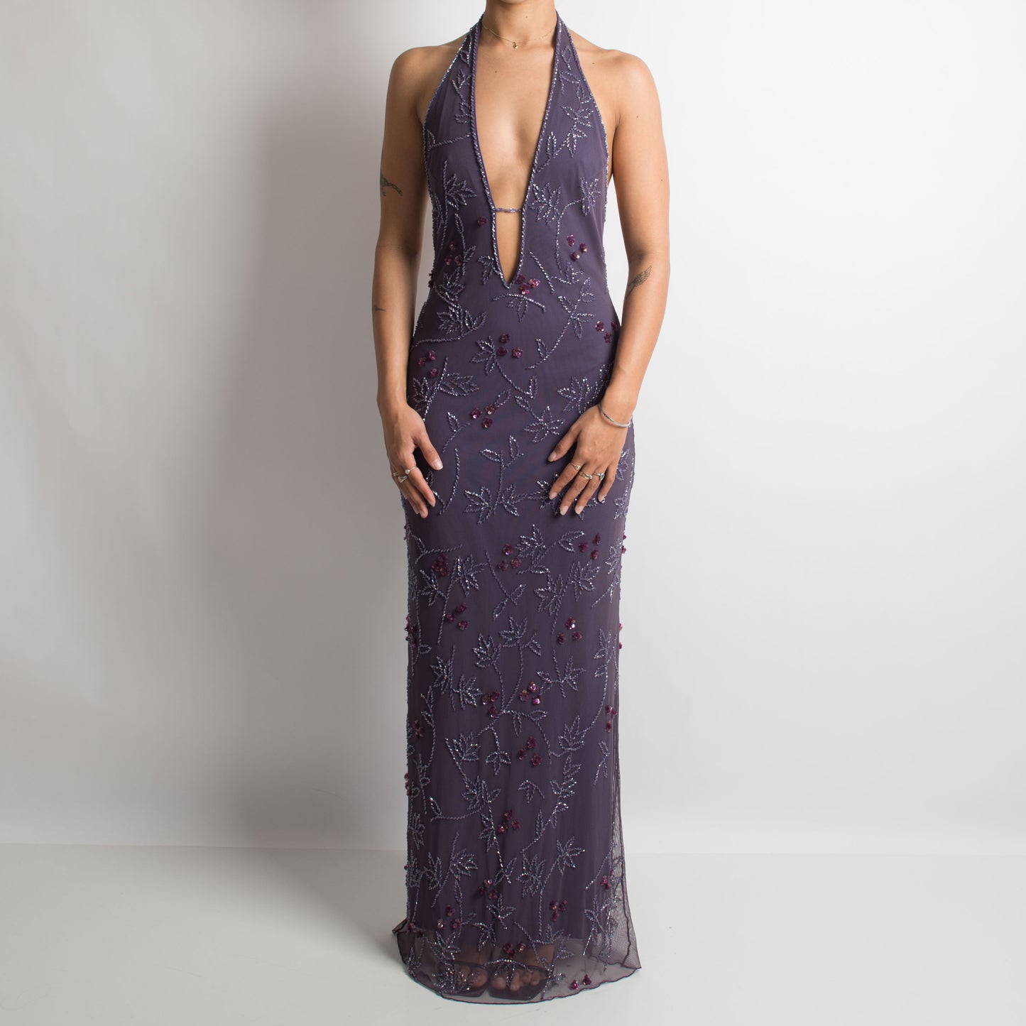 PURPLE BEADED HALTERNECK GOWN