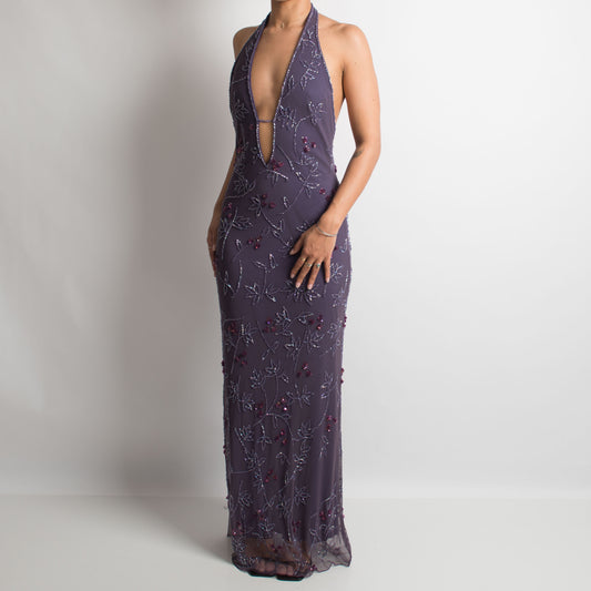 PURPLE BEADED HALTERNECK GOWN