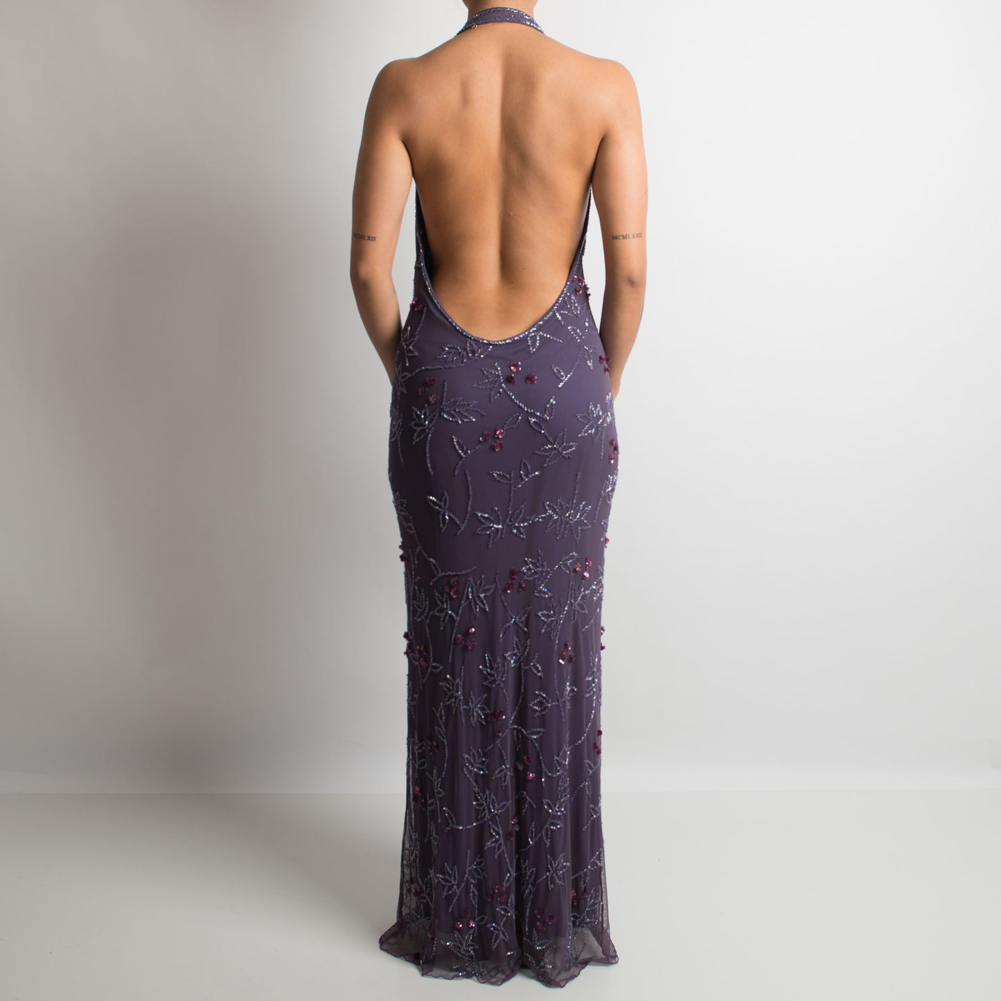 PURPLE BEADED HALTERNECK GOWN