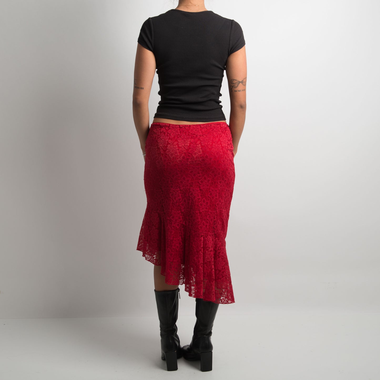 RED LACE ASYMMETRIC MIDI SKIRT