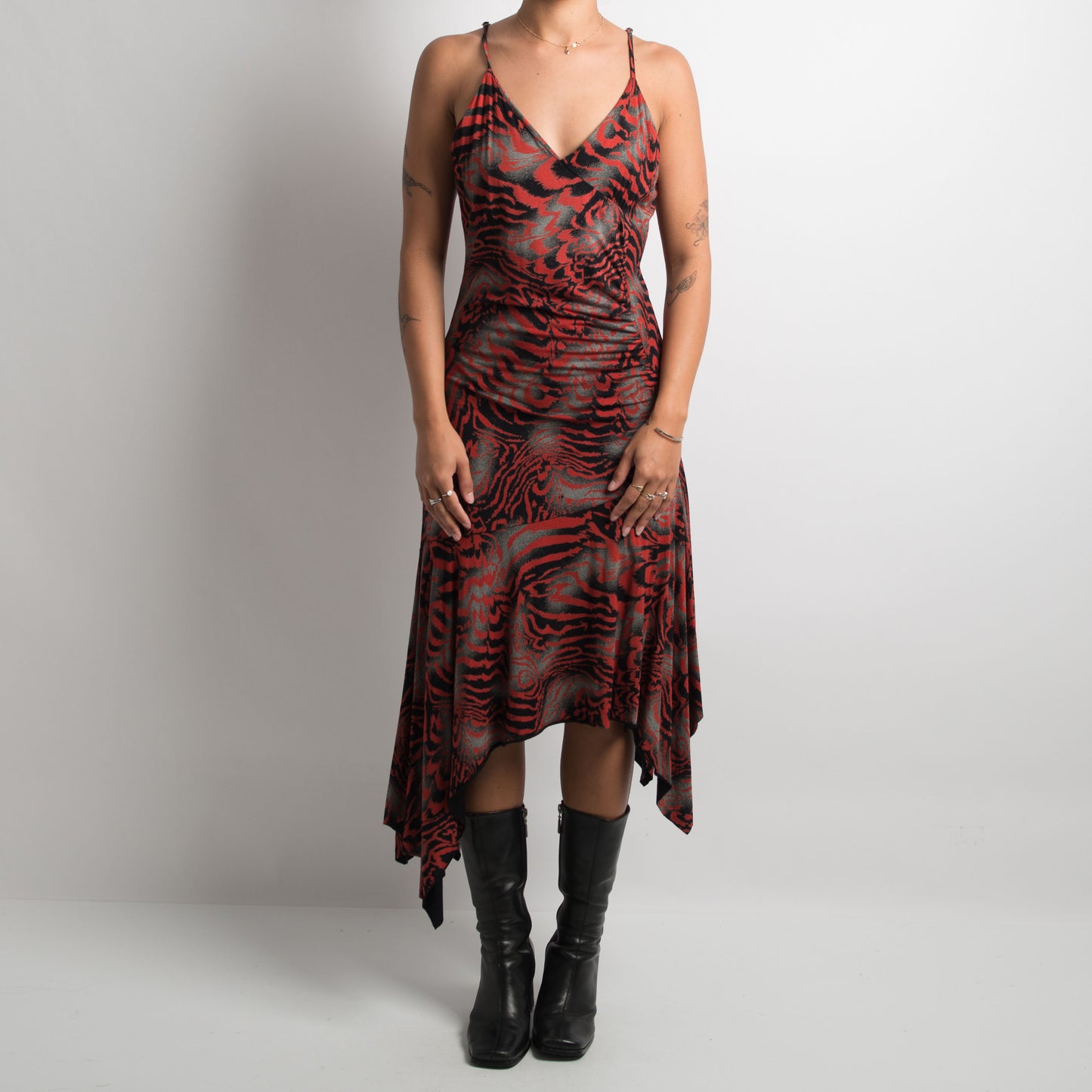 PATTERNED ASYMMETRIC MIDI DRESS