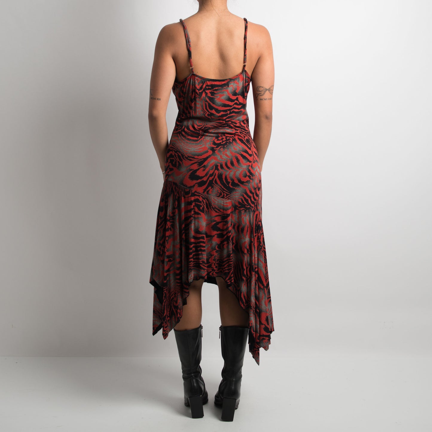 PATTERNED ASYMMETRIC MIDI DRESS