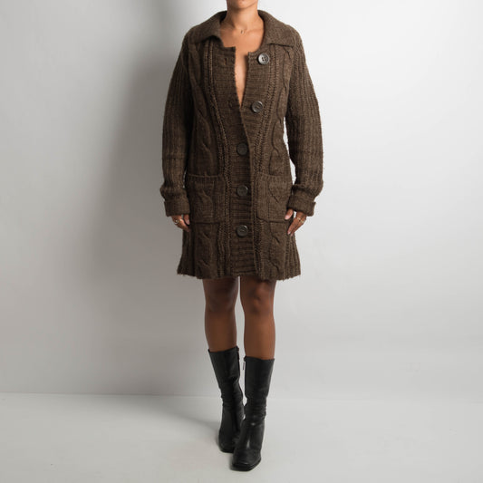 BROWN CHUNKY KNIT LONGLINE CARDIGAN