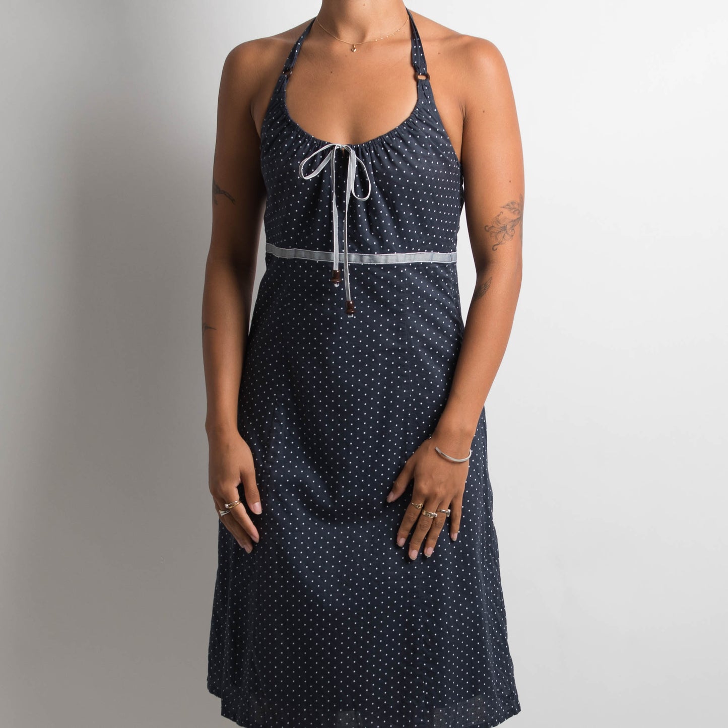 NAVY POLKA DOT MIDI DRESS