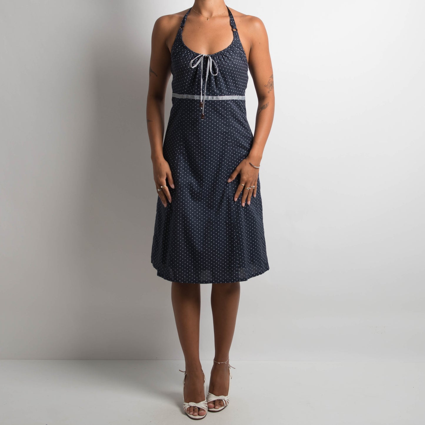 NAVY POLKA DOT MIDI DRESS