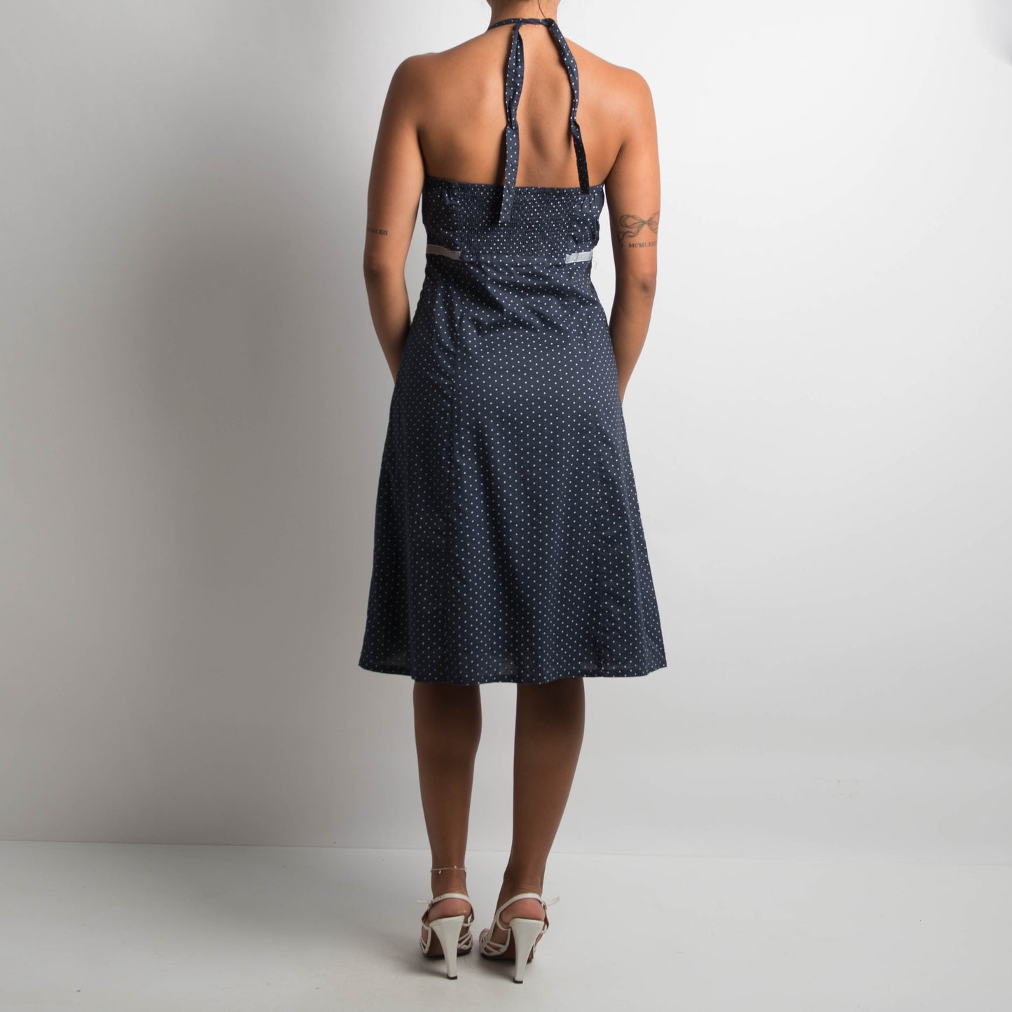 NAVY POLKA DOT MIDI DRESS