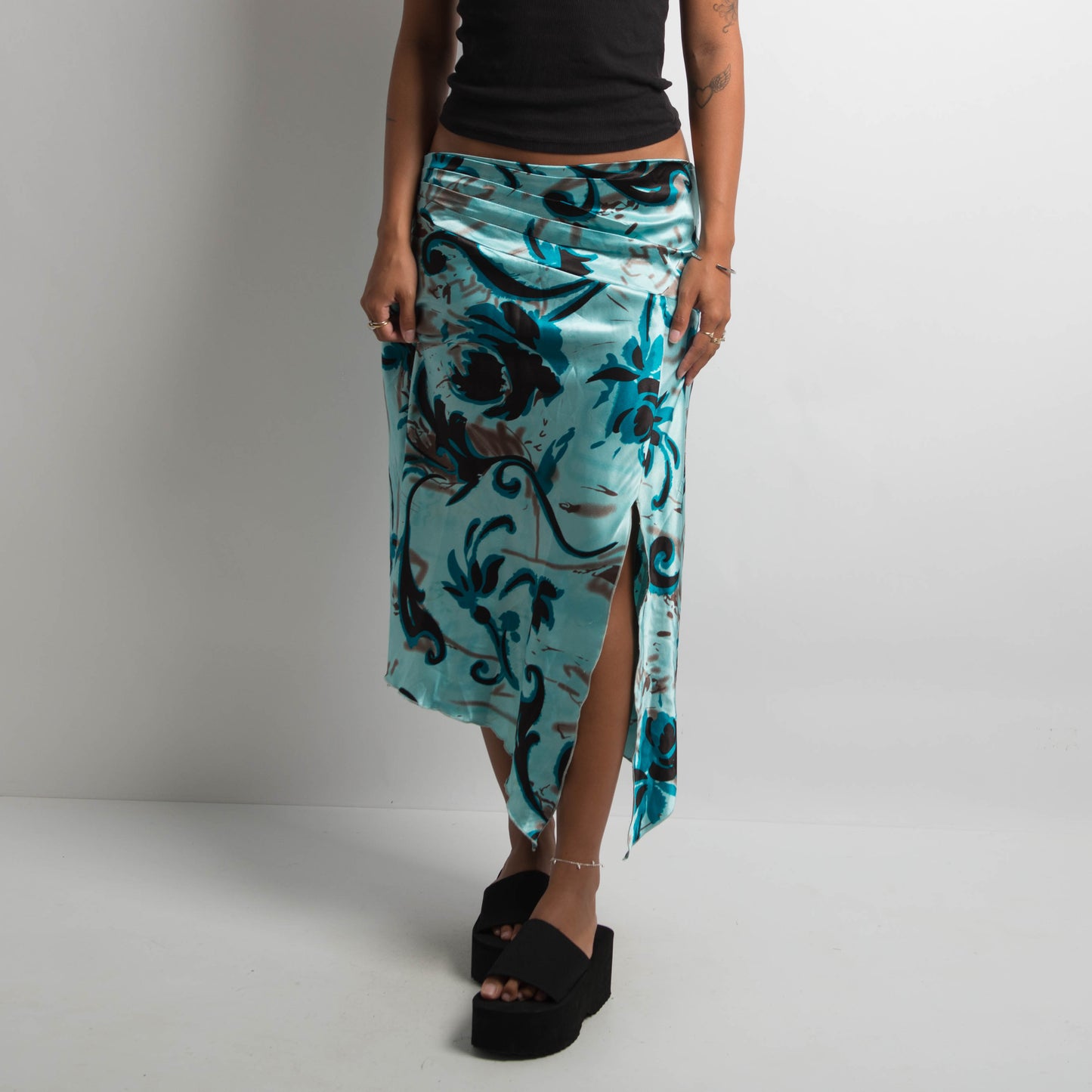 TEAL PATTERNED SATIN MIDI SKIRT