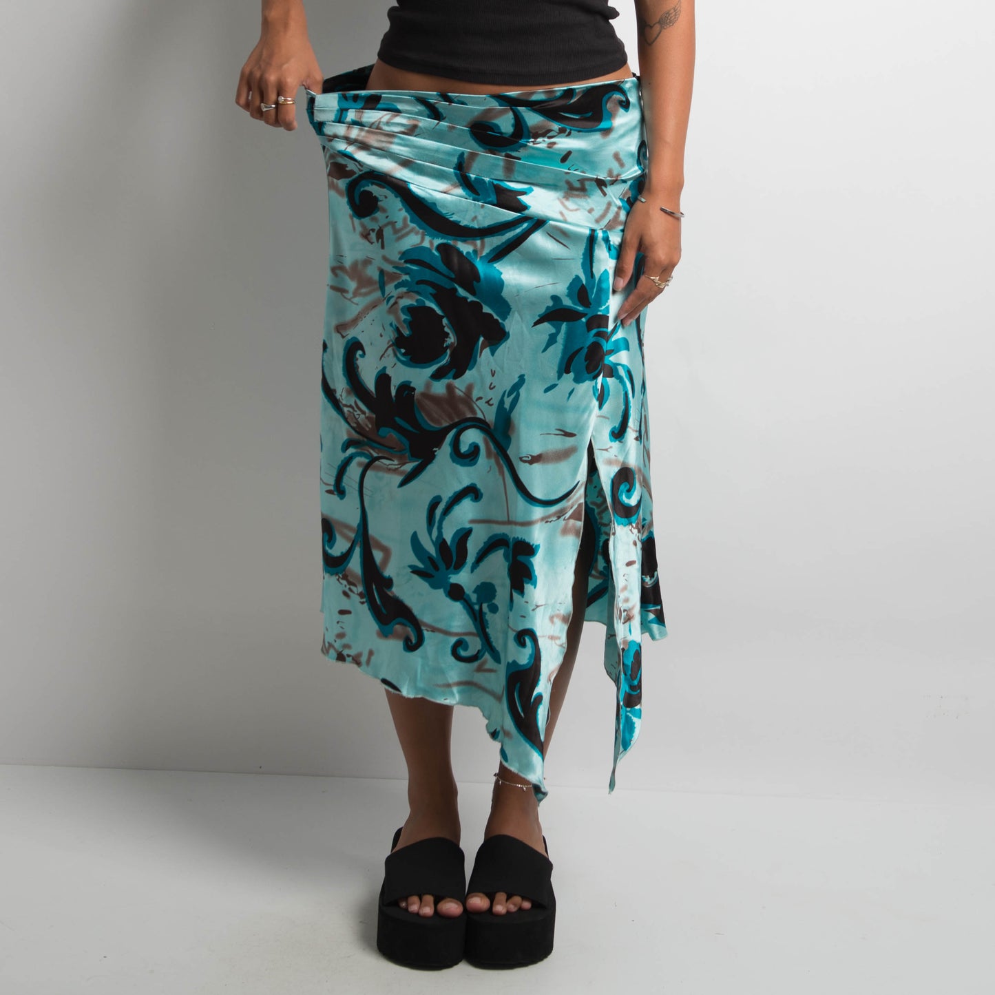 TEAL PATTERNED SATIN MIDI SKIRT