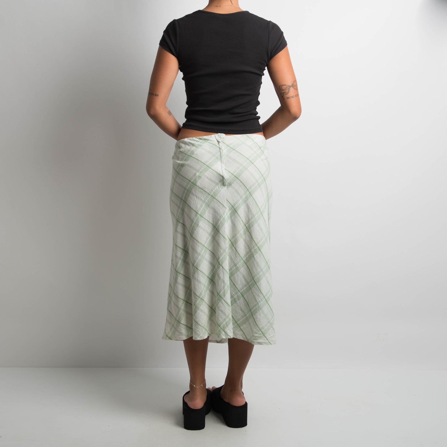 GREEN PLAID LINEN MIDI SKIRT