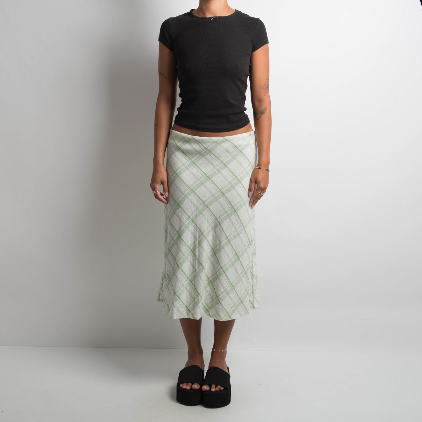 GREEN PLAID LINEN MIDI SKIRT