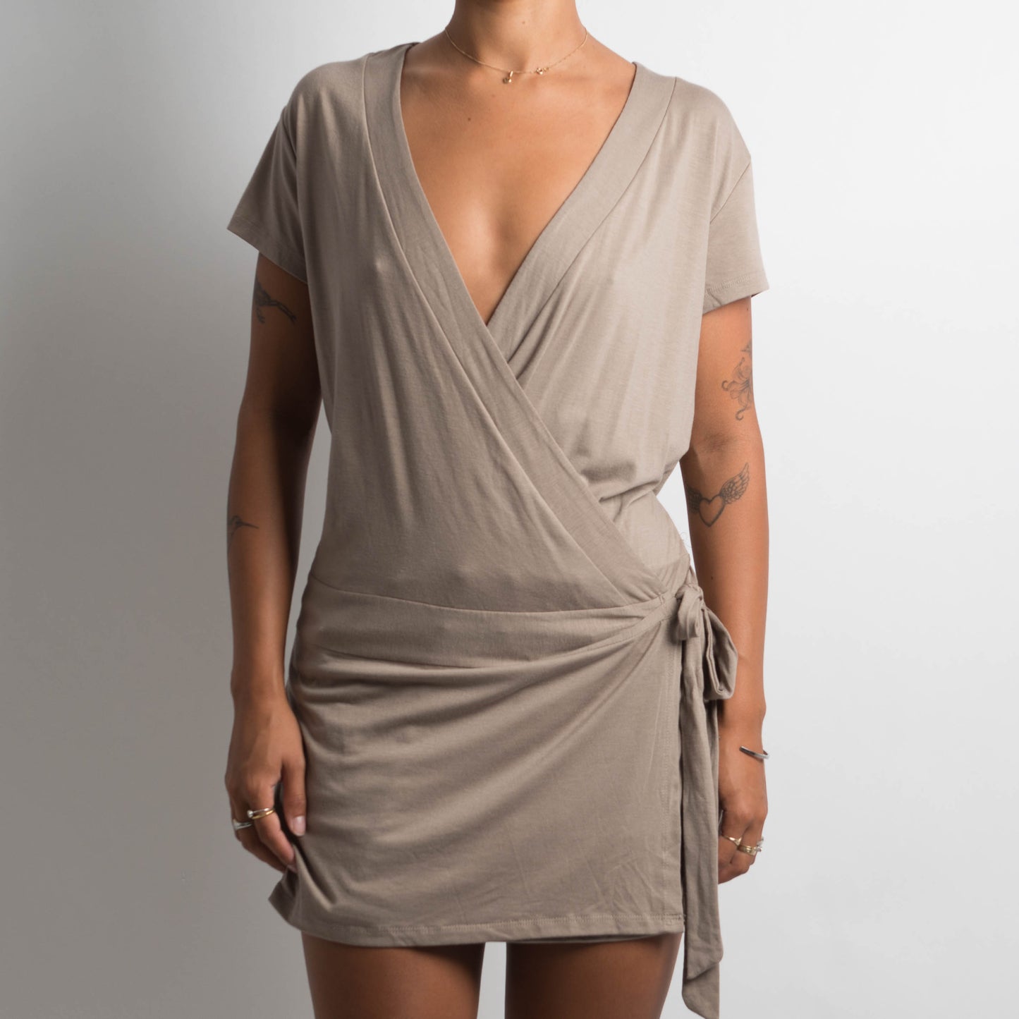 TAUPE WRAP MINI DRESS