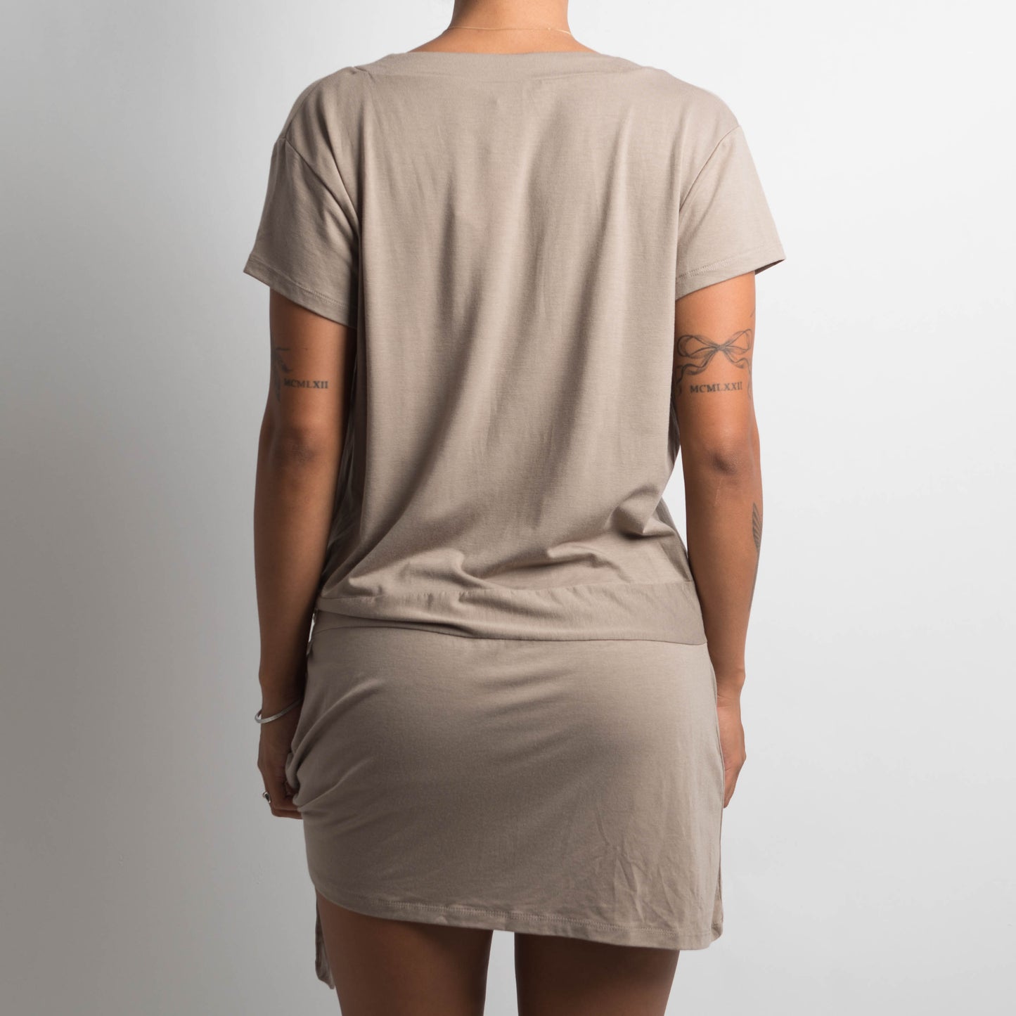 TAUPE WRAP MINI DRESS