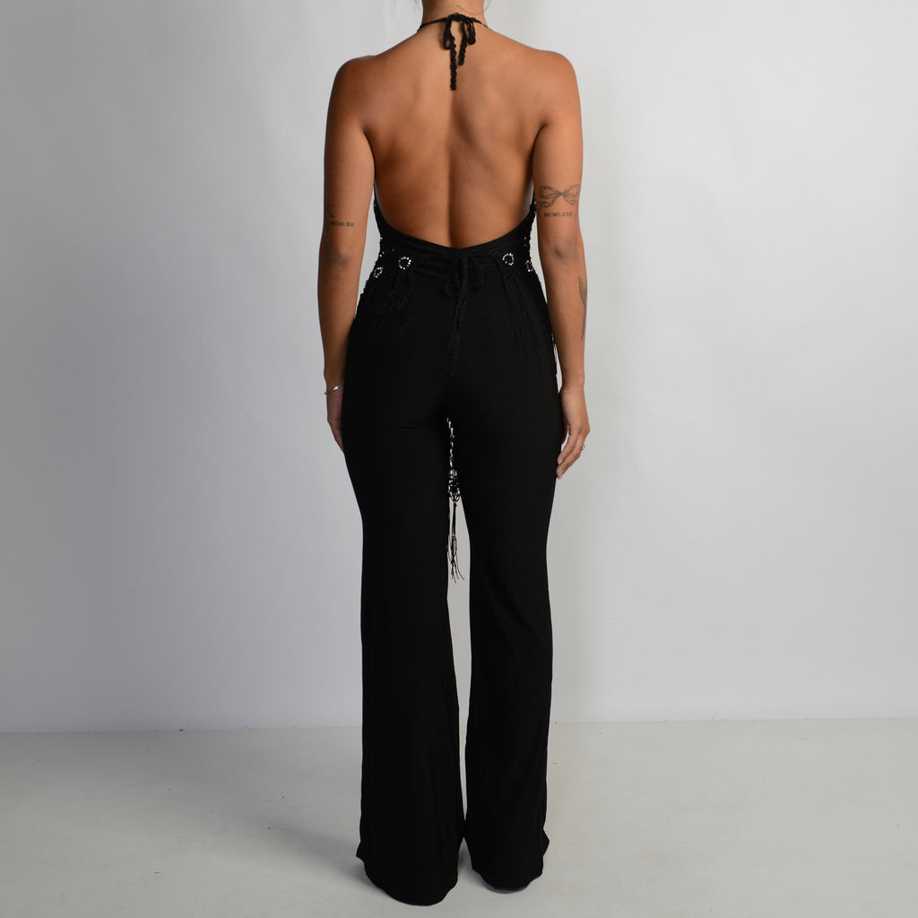 BLACK CROCHET OVERLAY JUMPSUIT