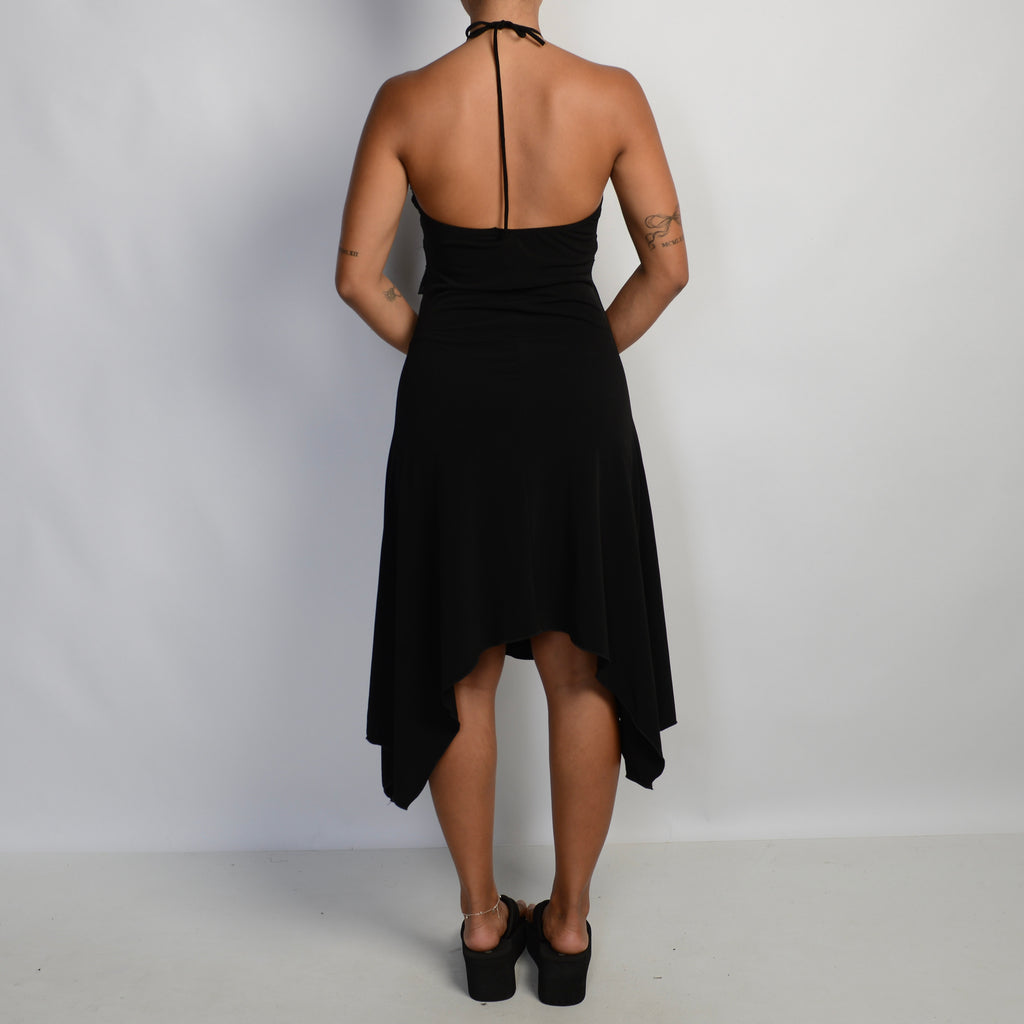 BLACK ASYMMETRIC HALTER DRESS