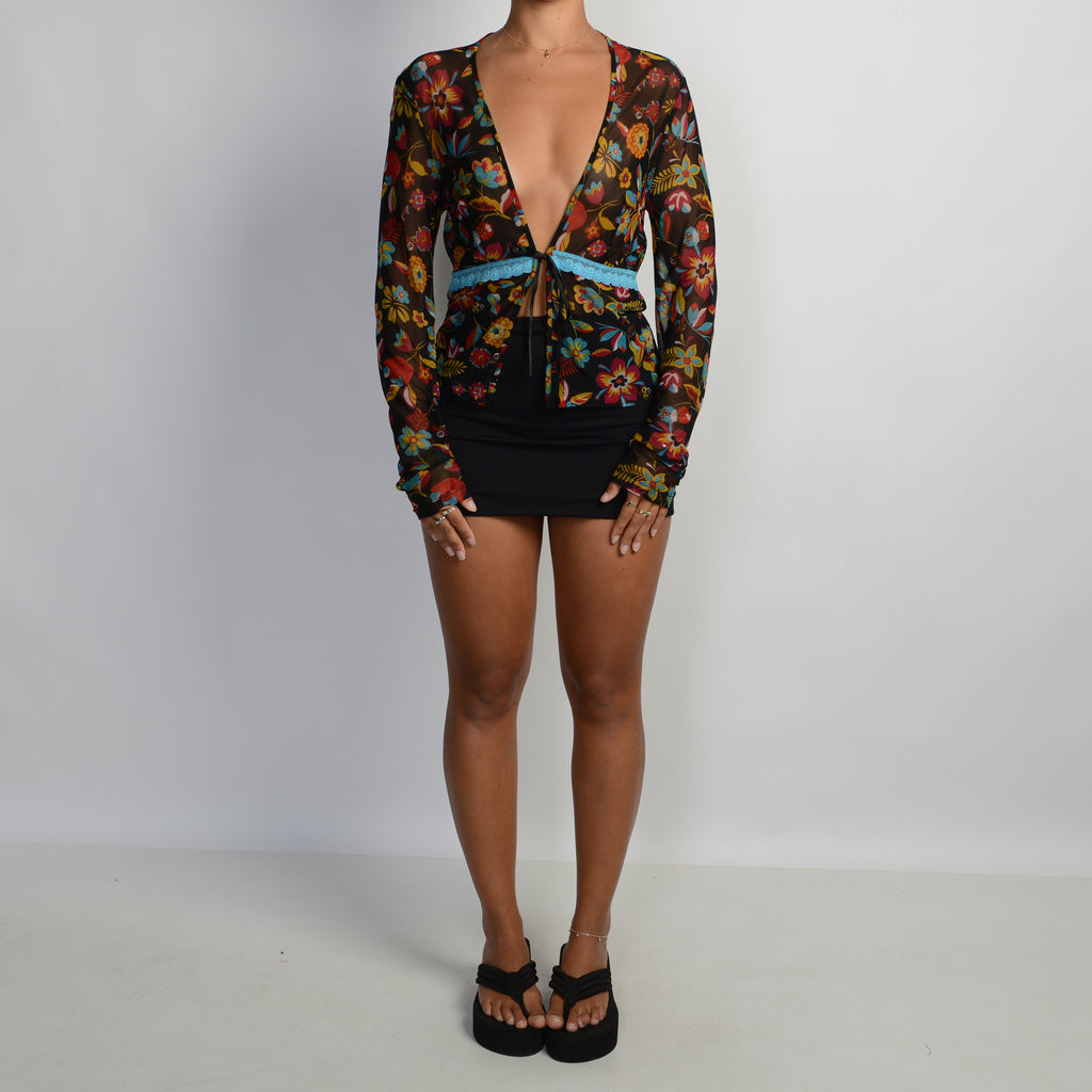 FLORAL MESH TIE FRONT TOP
