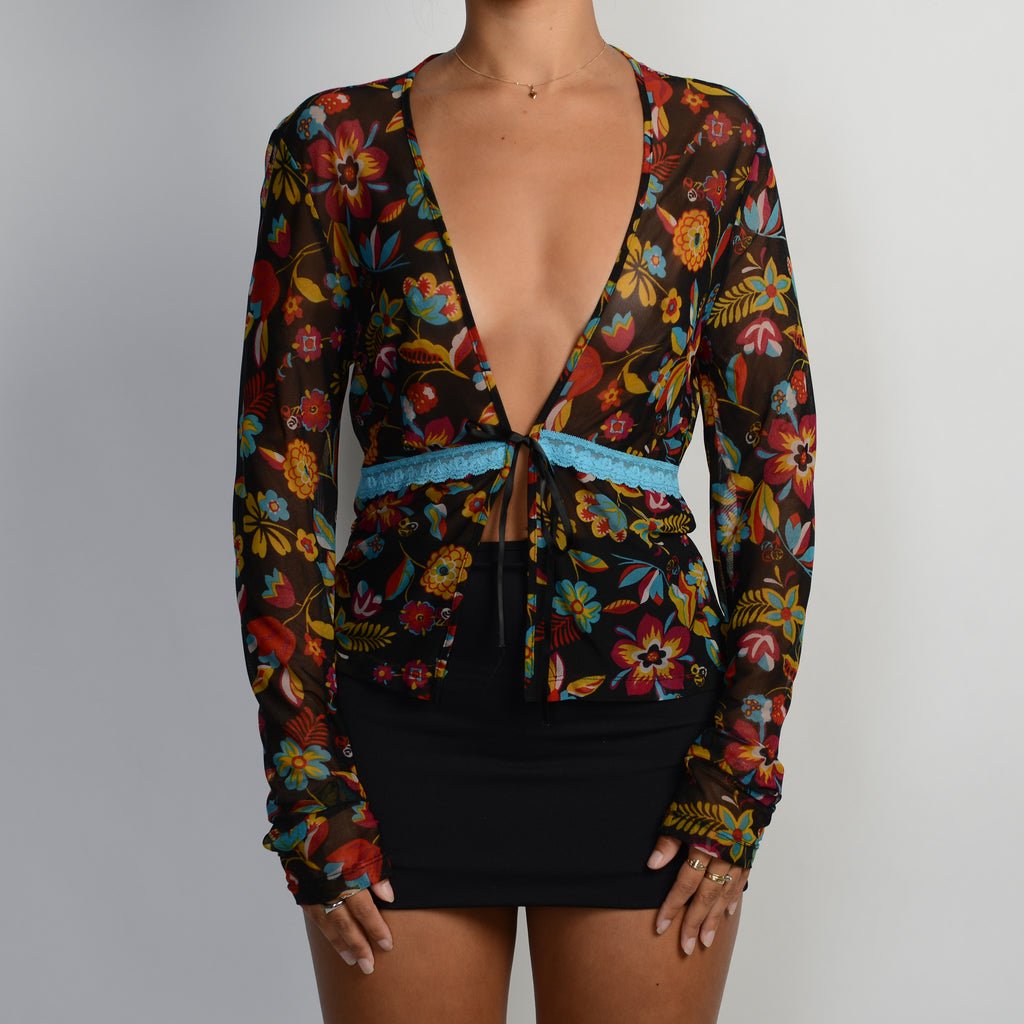 FLORAL MESH TIE FRONT TOP