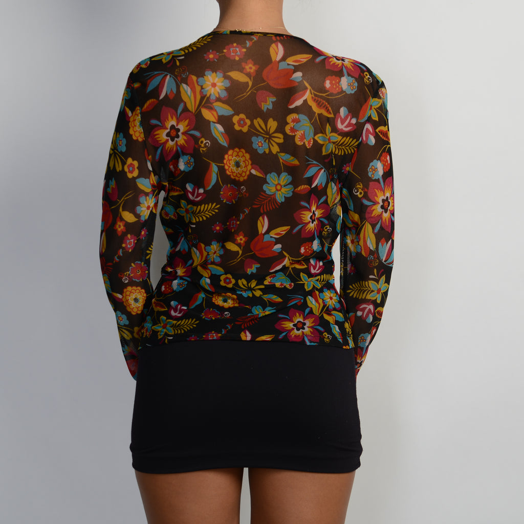 FLORAL MESH TIE FRONT TOP