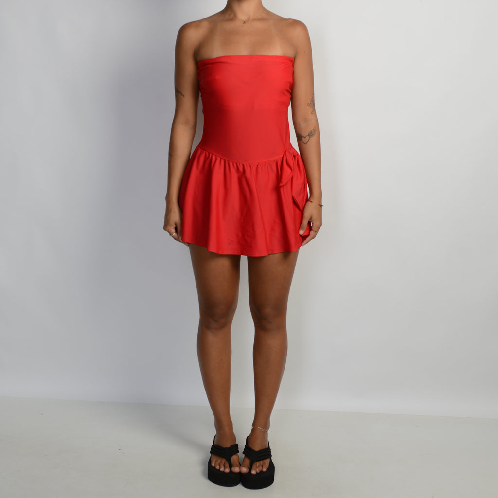 RED STRAPLESS SWIM DRESS