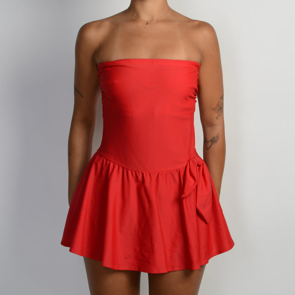 RED STRAPLESS SWIM DRESS