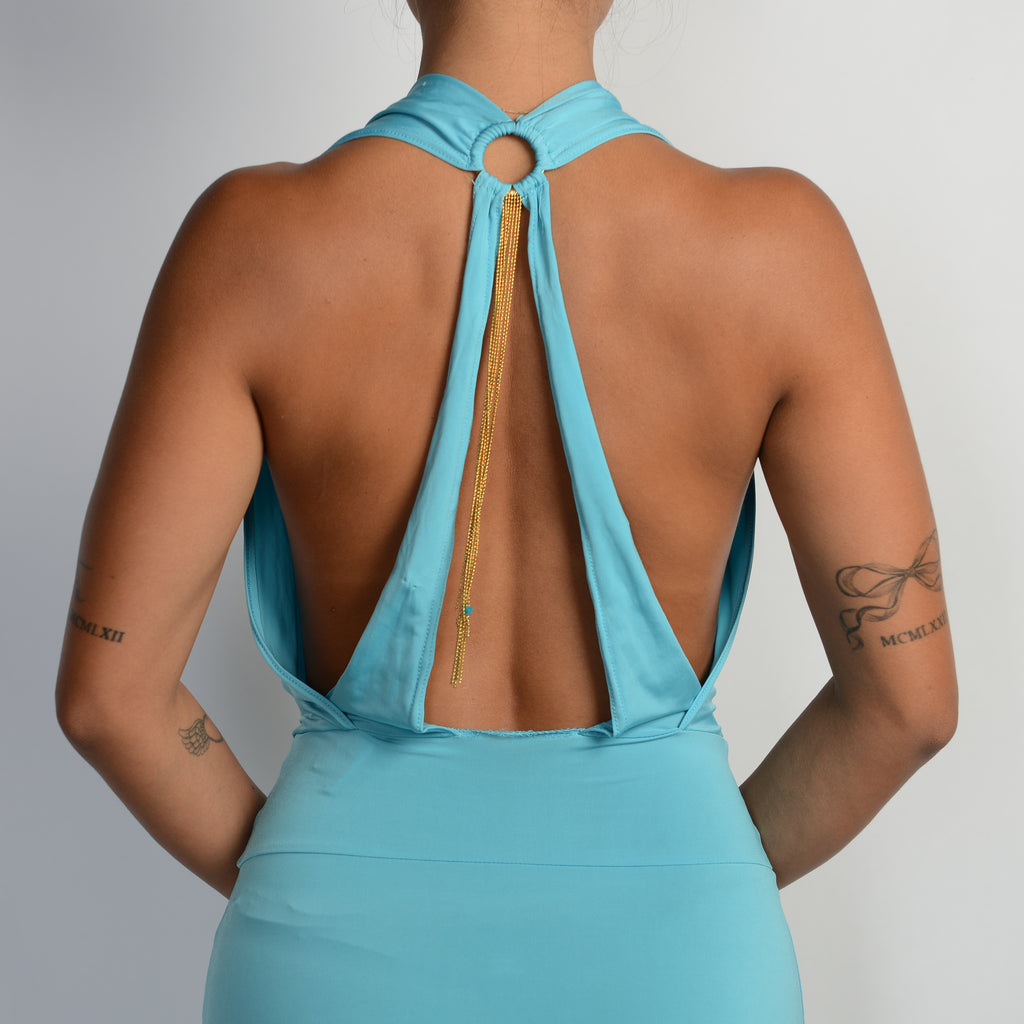 BLUE PLUNGE MIDI DRESS