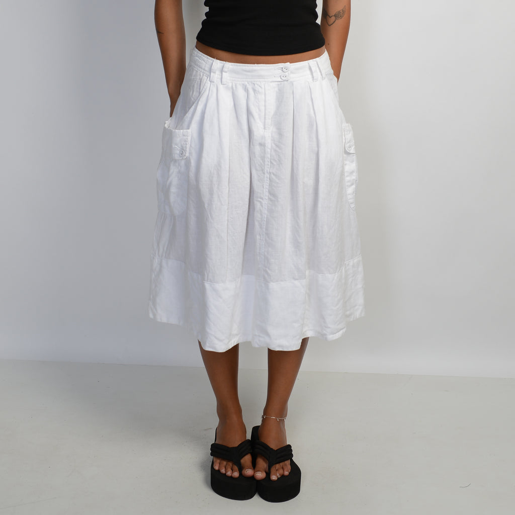 WHITE LINEN MIDI SKIRT