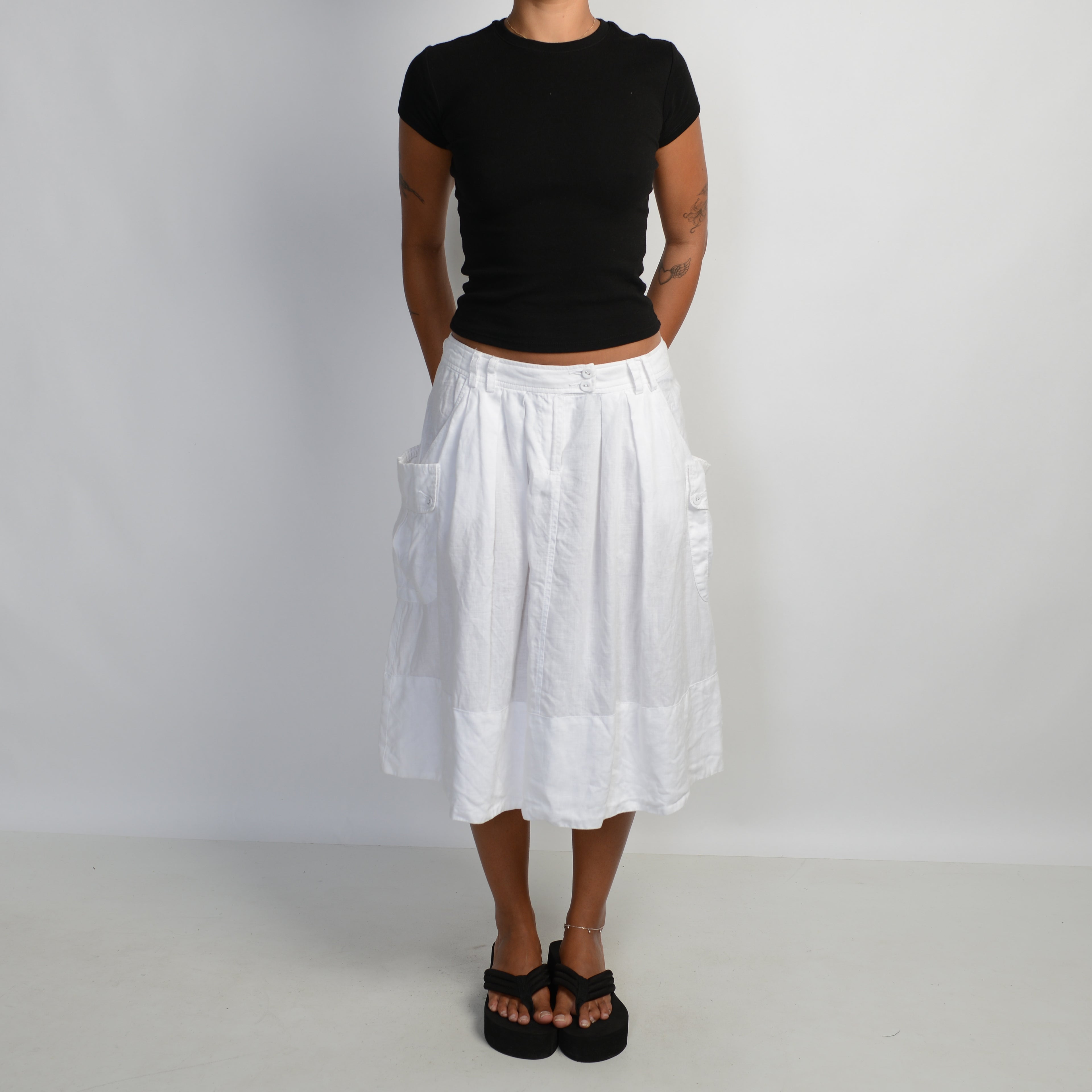 WHITE LINEN MIDI SKIRT