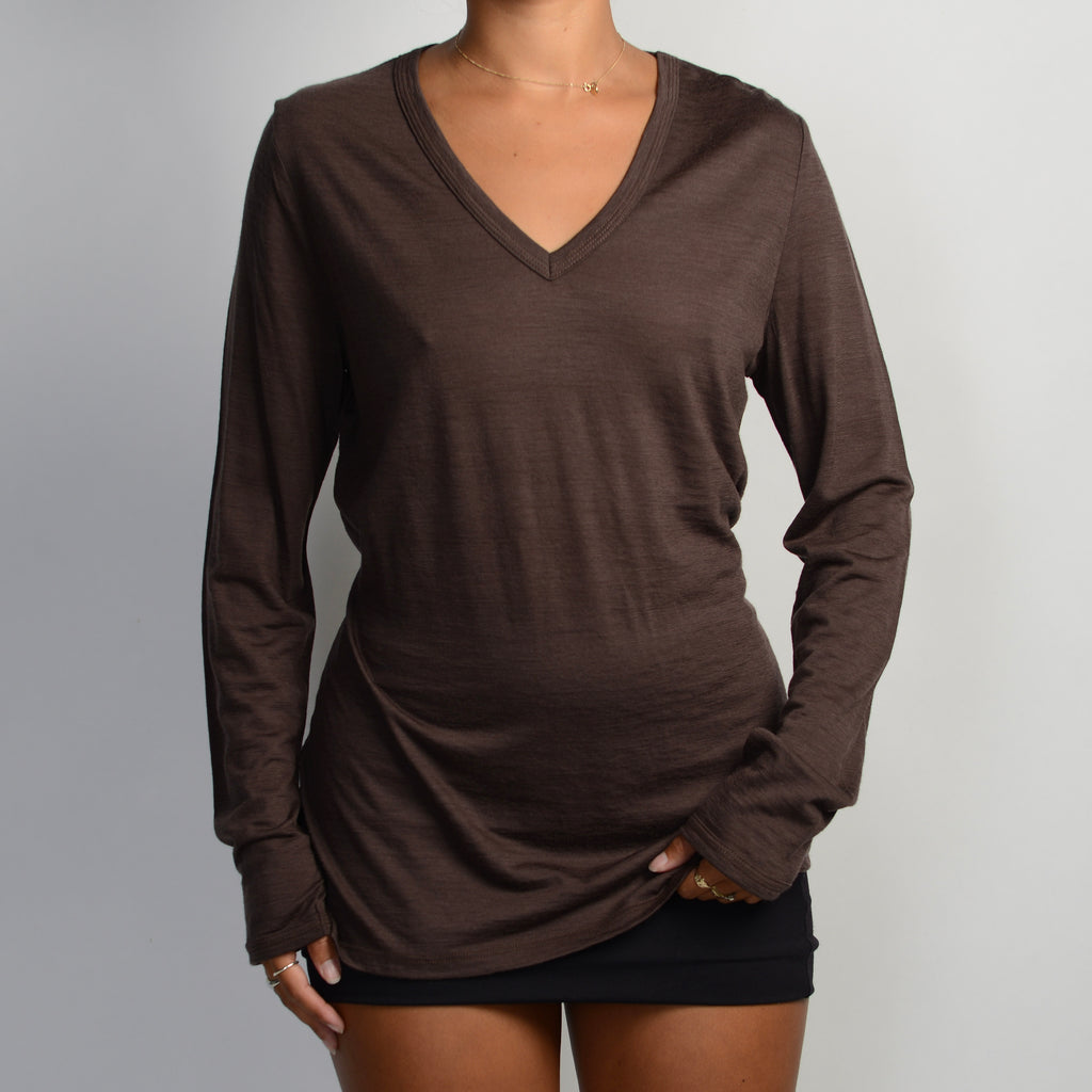 BROWN WOOL V NECK SHIRT