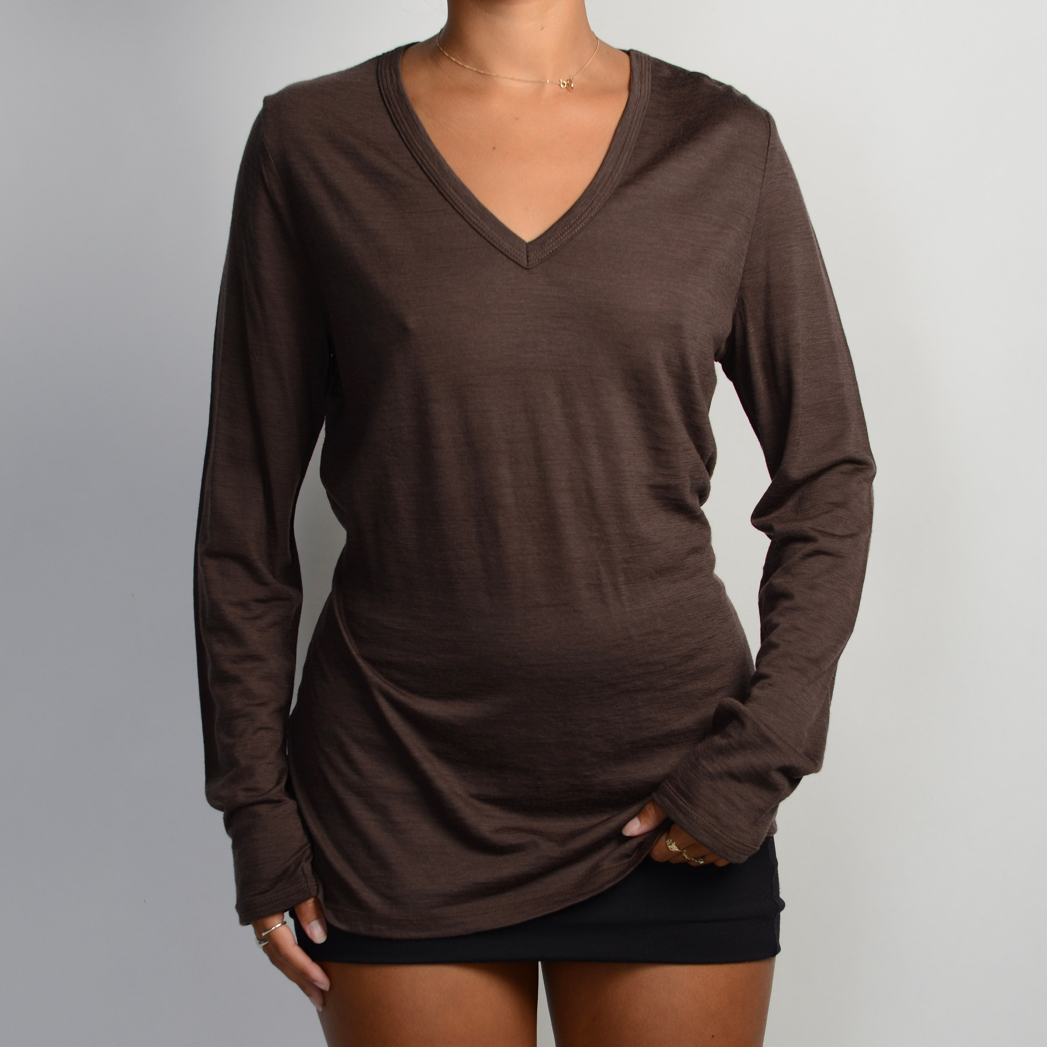 BROWN WOOL V NECK SHIRT