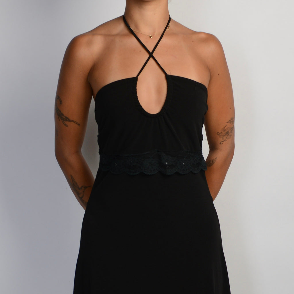 BLACK ASYMMETRIC HALTER DRESS
