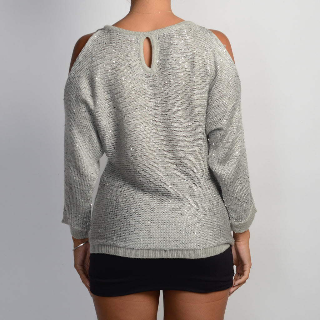 SILVER COLD SHOULDER SWEATER
