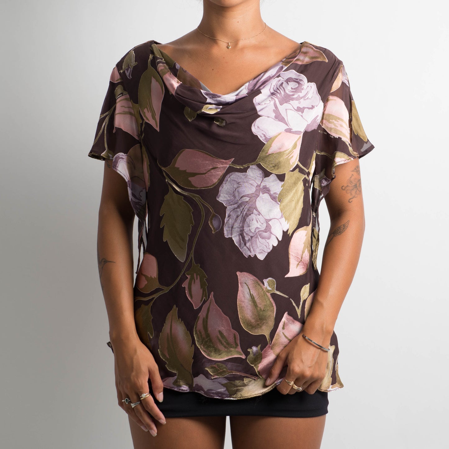 SILK FLORAL COWL NECK TOP