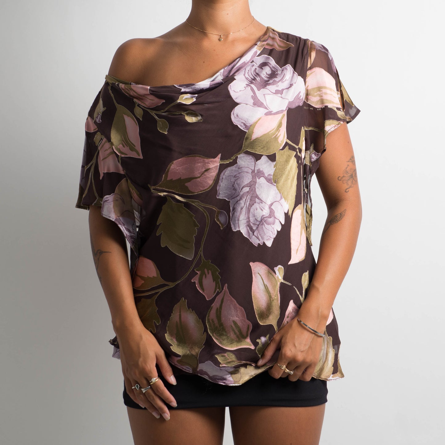 SILK FLORAL COWL NECK TOP