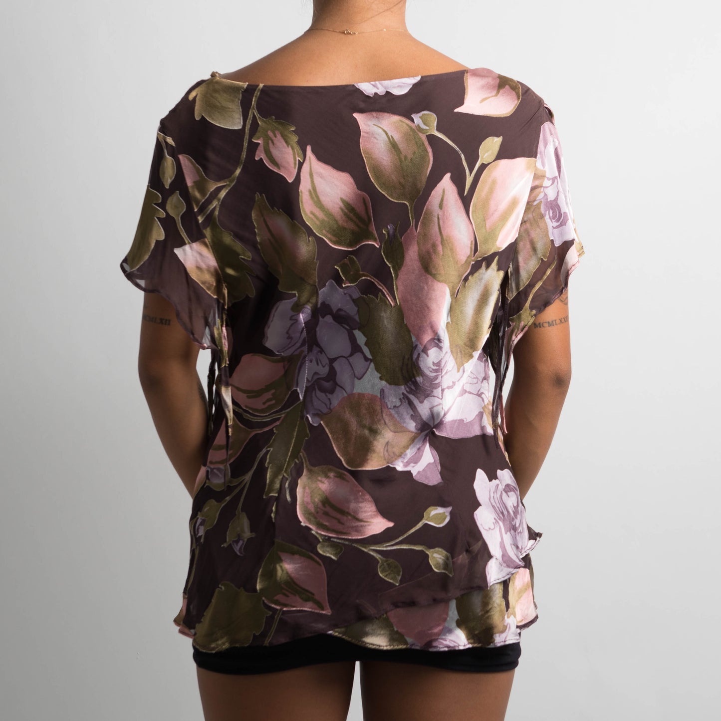 SILK FLORAL COWL NECK TOP