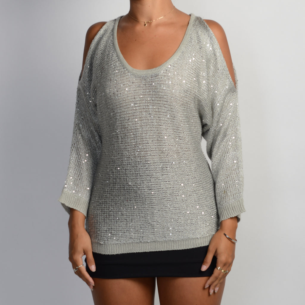 SILVER COLD SHOULDER SWEATER