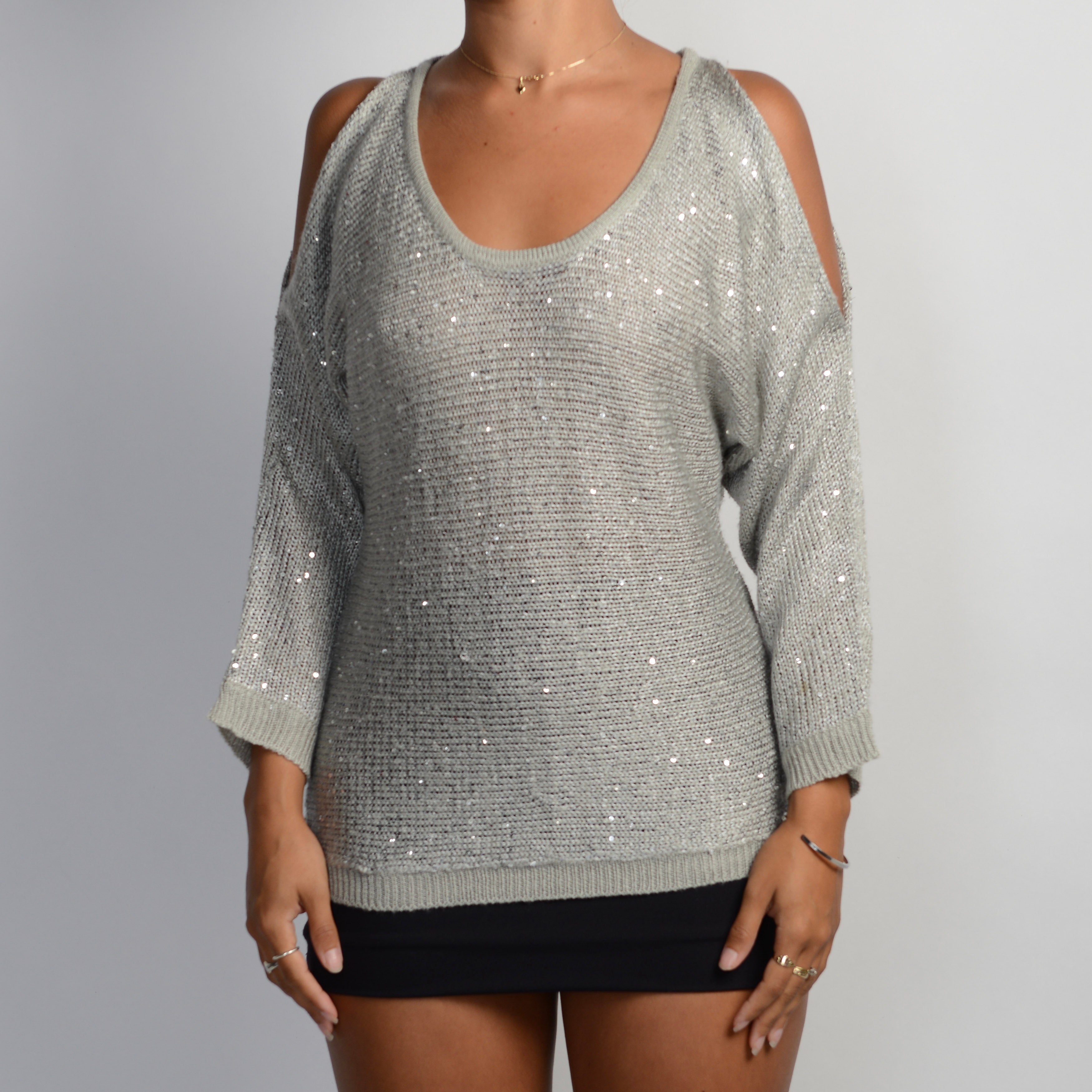 SILVER COLD SHOULDER SWEATER