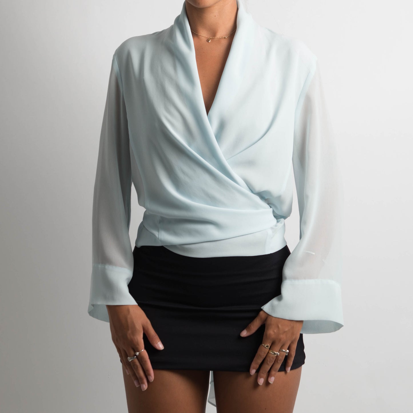 BLUE CHIFFON WRAP BLOUSE